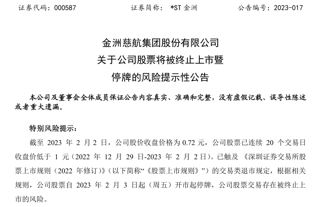 股价连续20个交易日低于1元，两家公司公告触及退市，还有多家ST板块公司提示风险