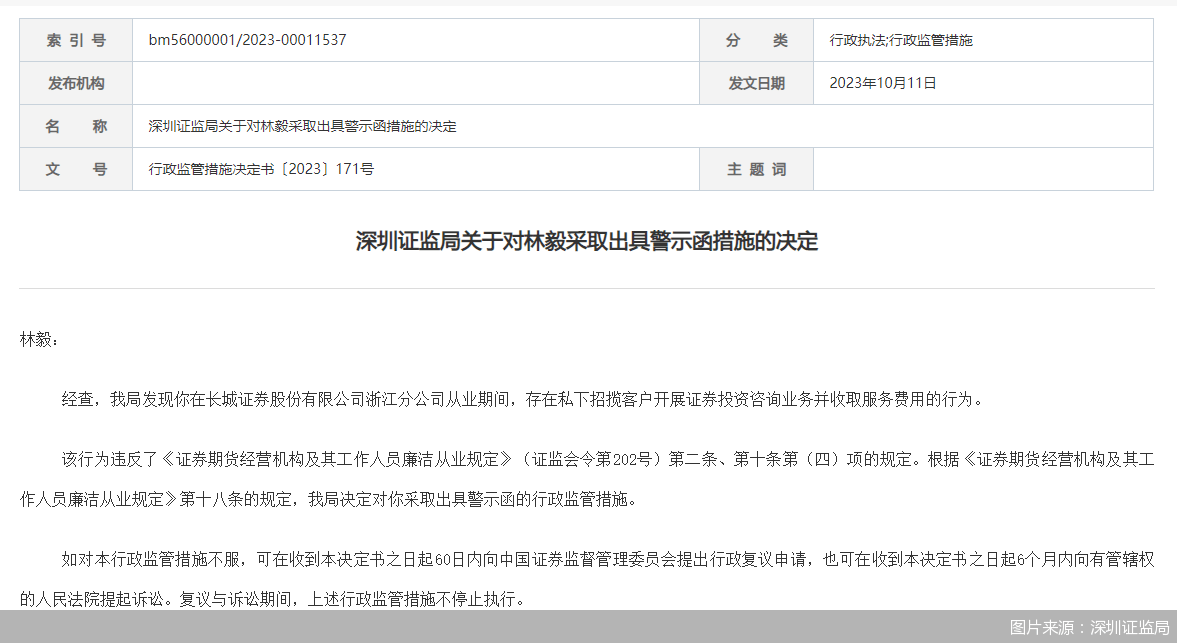 因私下招揽客户开展证券投资咨询业务 长城证券前员工遭罚